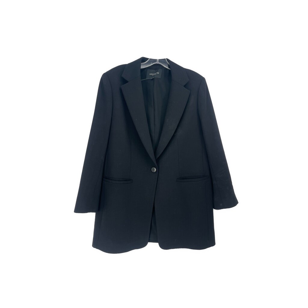 Women’s one-button blazer with notch lapels and flap pockets, black
