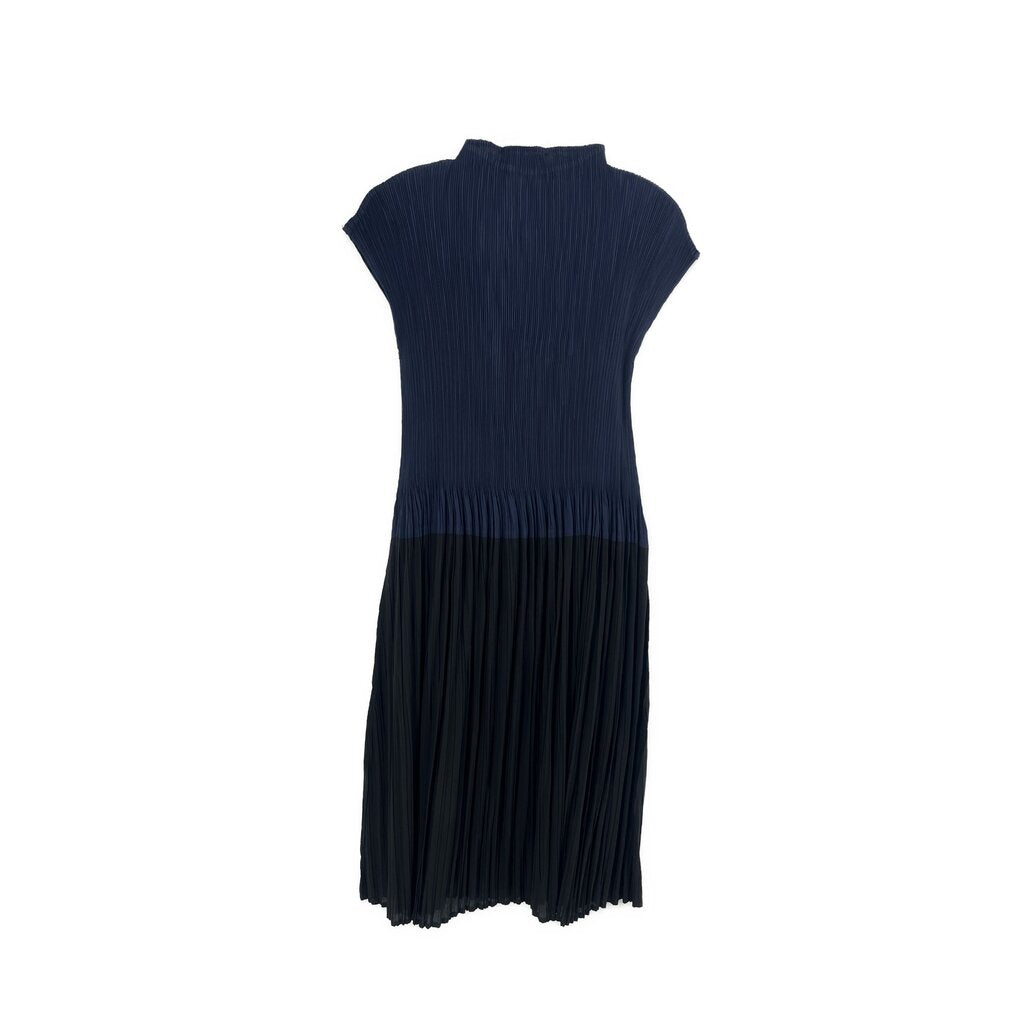 Pleated dress with short sleeves, navy top and dark skirt