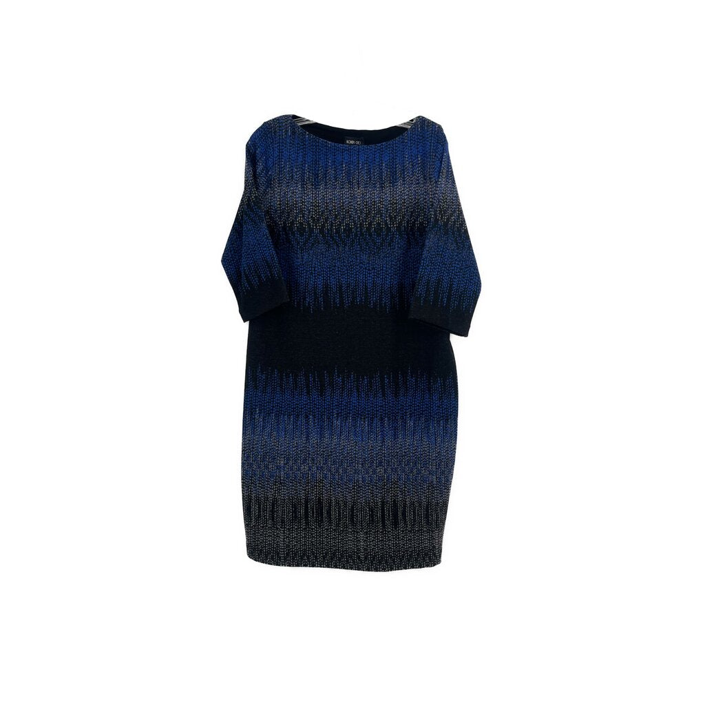 Blue printed knit dress with crew neck and three-quarter sleeves