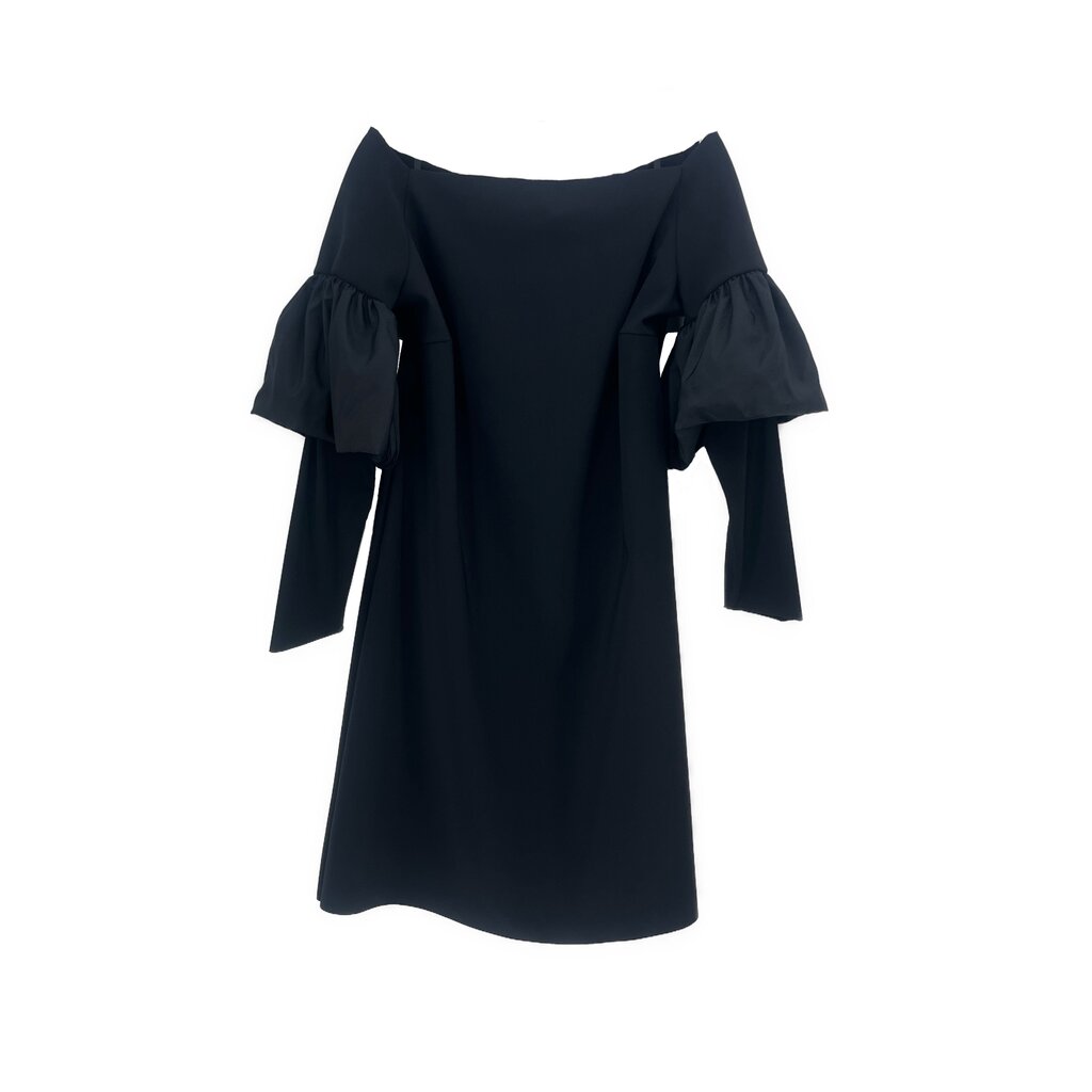 Black off-shoulder 3/4 sleeve dress with puff sleeves and bow ties