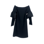 Black off-shoulder 3/4 sleeve dress with puff sleeves and bow ties
