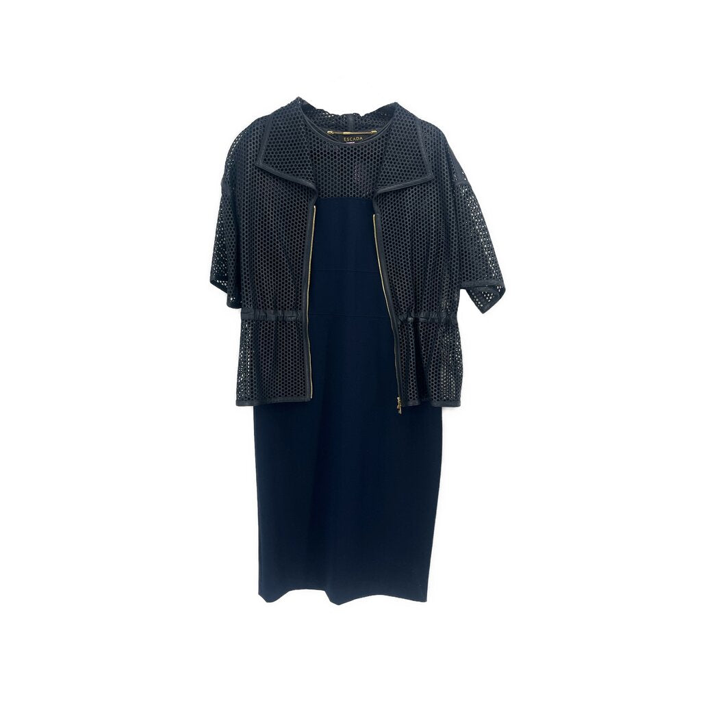 Navy 2-piece dress set with perforated mesh short-sleeve jacket and matching dress