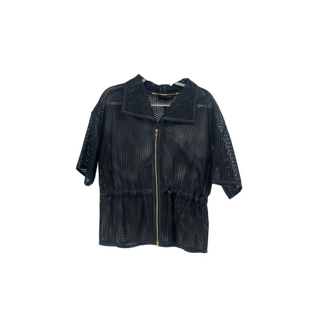 Navy mesh dress jacket set with zip front and short sleeves