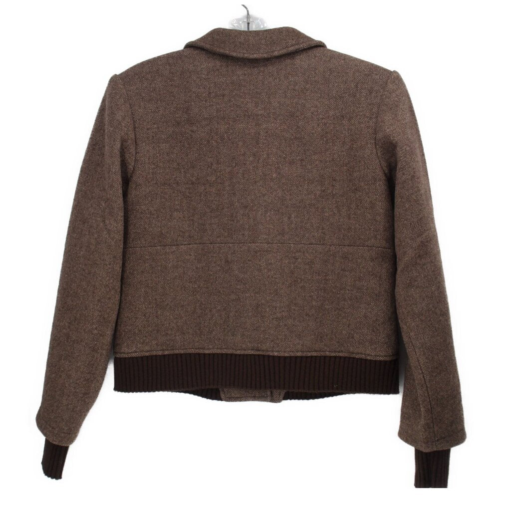 Brown herringbone jacket with stand collar and cropped hem, long sleeves