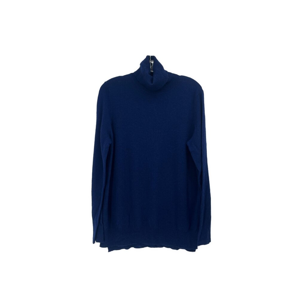 Blue cashmere mock-neck sweater, long sleeves, pullover style