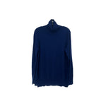 Blue cashmere mock-neck sweater, long sleeves, pullover style