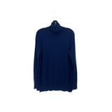 Blue cashmere mock-neck sweater, long sleeves, pullover style