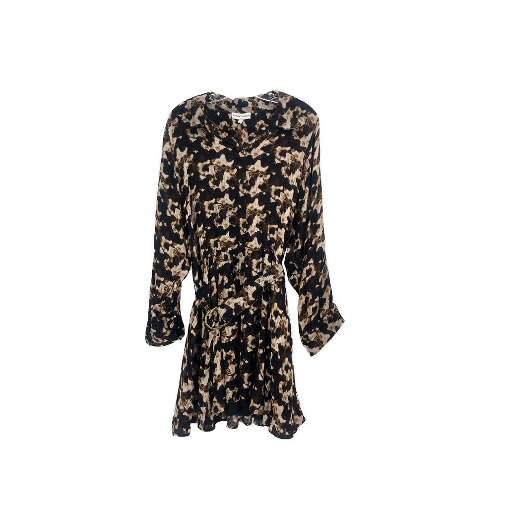 Brown printed long-sleeve mini dress with V-neck and gathered waist