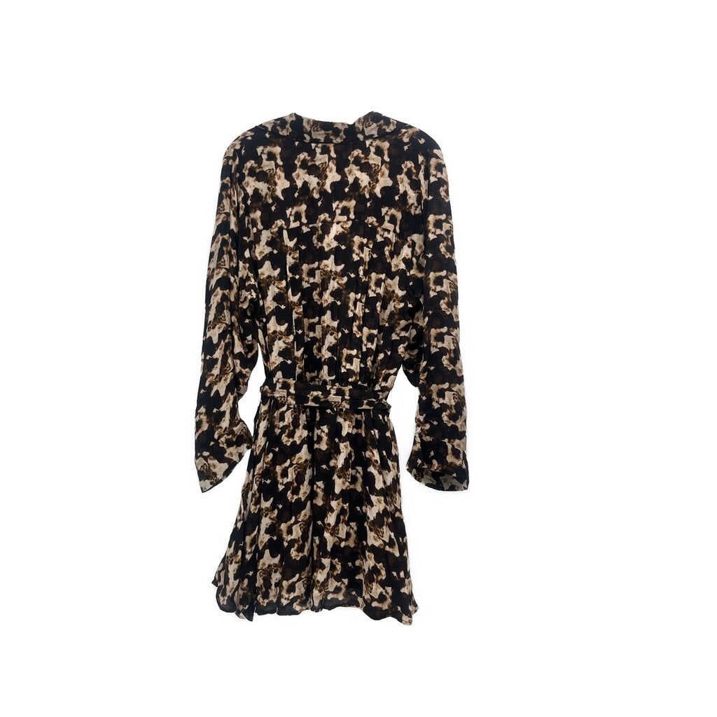 Back-facing brown printed long-sleeve mini dress with V-neck and gathered waist