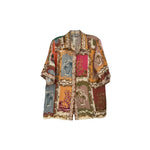 Multicolor printed shirt top with short sleeves, open collar, button-front