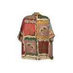 Multicolor printed shirt top with short sleeves, open collar, back view