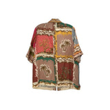 Multicolor printed shirt top with short sleeves, open collar, back view