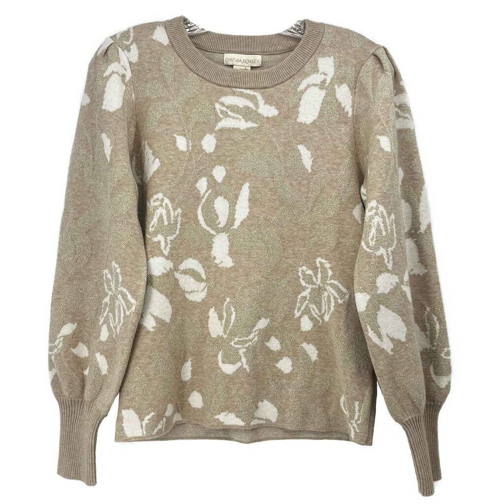 Printed crewneck sweater in light taupe with cream floral pattern; ribbed cuffs and hem
