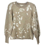 Printed crewneck sweater in light taupe with cream floral pattern; ribbed cuffs and hem
