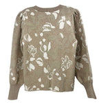 Printed crewneck sweater back in light taupe with cream floral pattern; ribbed hem