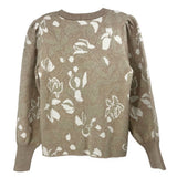 Printed crewneck sweater back in light taupe with cream floral pattern; ribbed hem