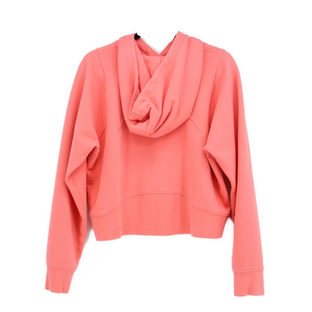 Coral pullover hoodie with hood, front pocket, and long sleeves