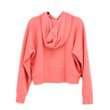 Coral pullover hoodie with hood, front pocket, and long sleeves