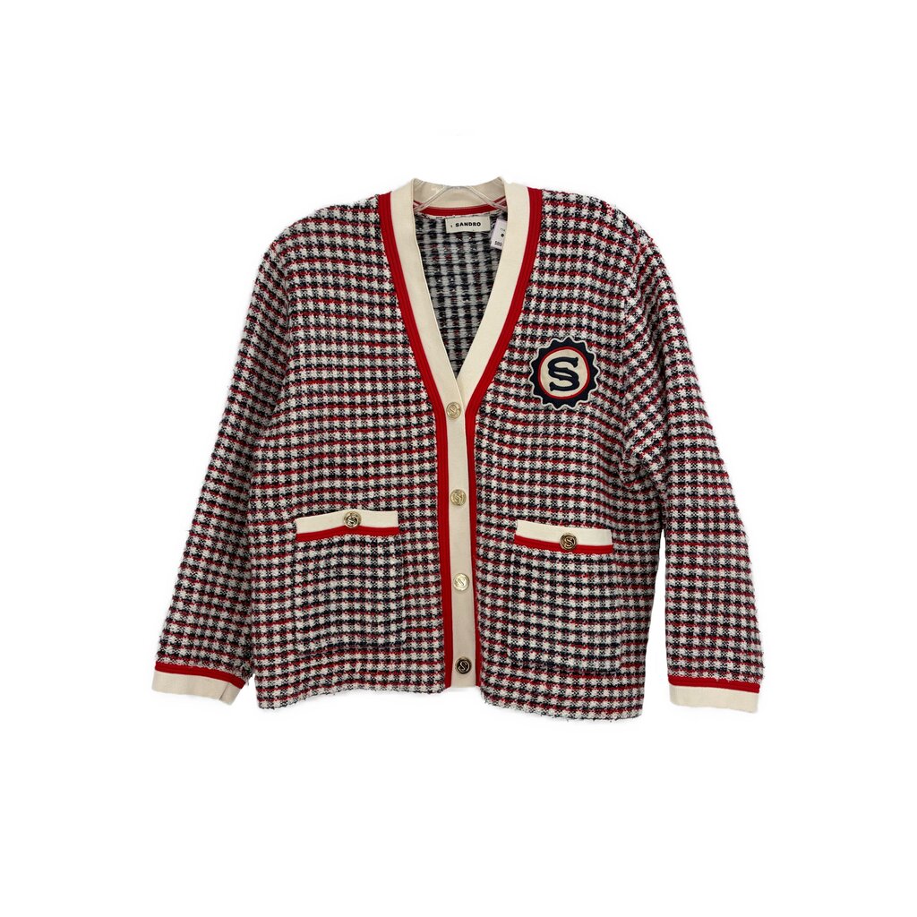 Sandro tweed jacket in white, red, and dark check with button front and pockets