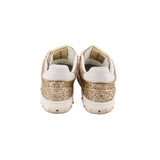 Back view of glitter sneakers with white heel tabs and gold sparkle uppers