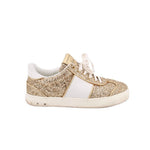 Low-top glitter sneakers with gold sparkle uppers, white side stripe and laces