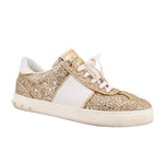 VALENTINO glitter sneakers with gold shimmer, white panel, lace-up, white sole
