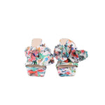 Pair of multicolor floral print heeled sandals with ruched ruffle toe detail