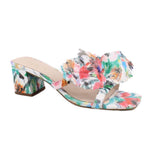 Heeled slide sandals with multicolor floral print and chunky block heel