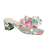 Heeled slide sandals with multicolor floral print and chunky block heel