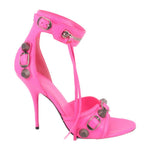 Balenciaga Cagole pink high-heel sandals with ankle strap, buckles, and toe opening