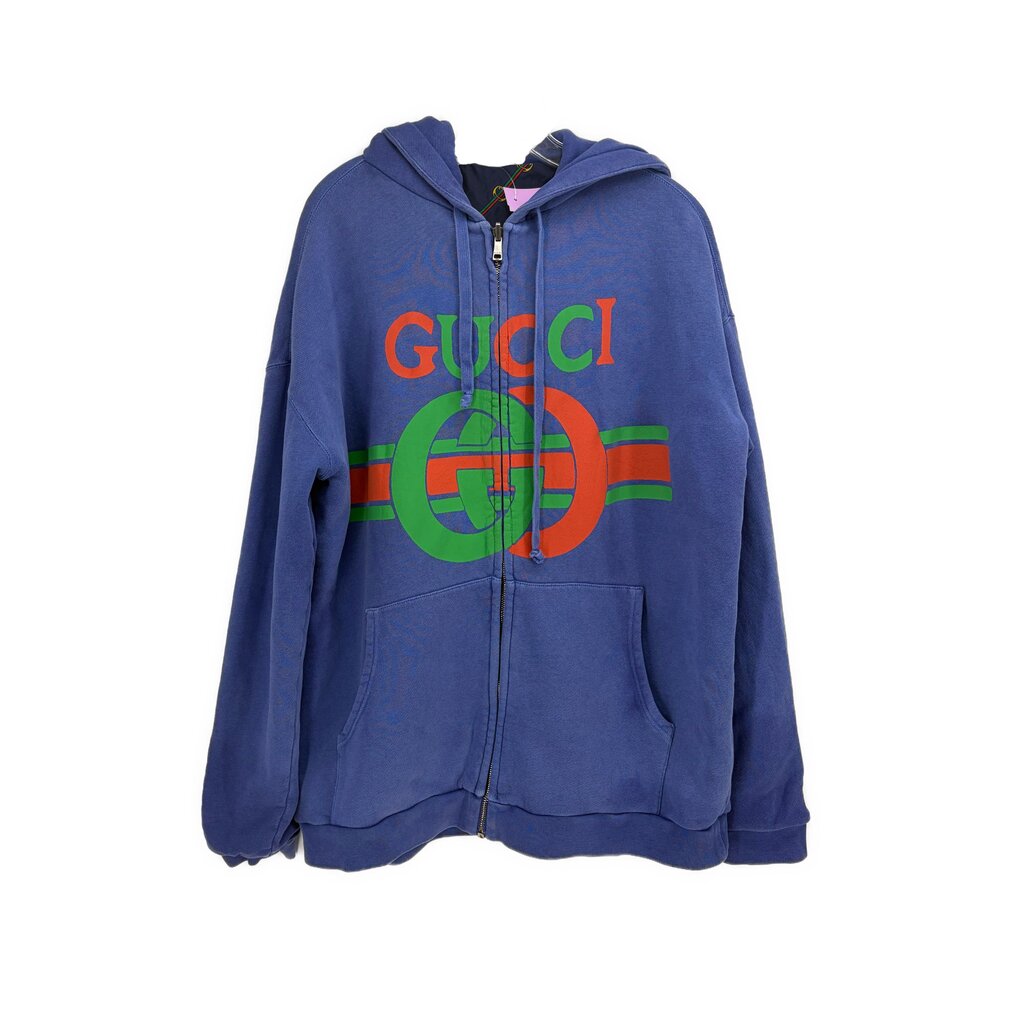 Gucci blue zip-up hoodie jacket with large front logo graphic