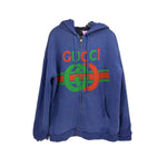 Gucci blue zip-up hoodie jacket with large front logo graphic