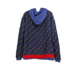 Blue zip-up hoodie jacket with chain print and red contrast bottom hem