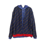 Blue zip-up hoodie jacket with all-over chain print and red contrast hem