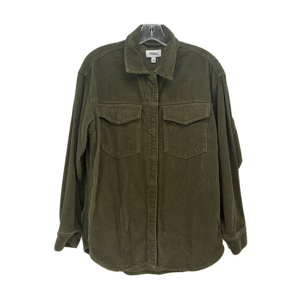 Olive green PISTOLA corduroy jacket, button-front, collar, chest flap pockets