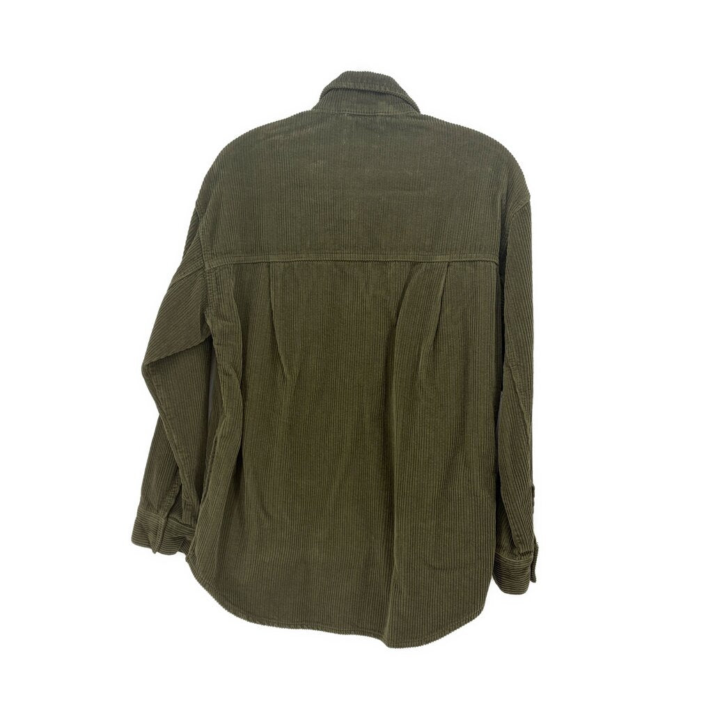 Olive green PISTOLA corduroy jacket, back view with yoke seam and buttoned cuffs