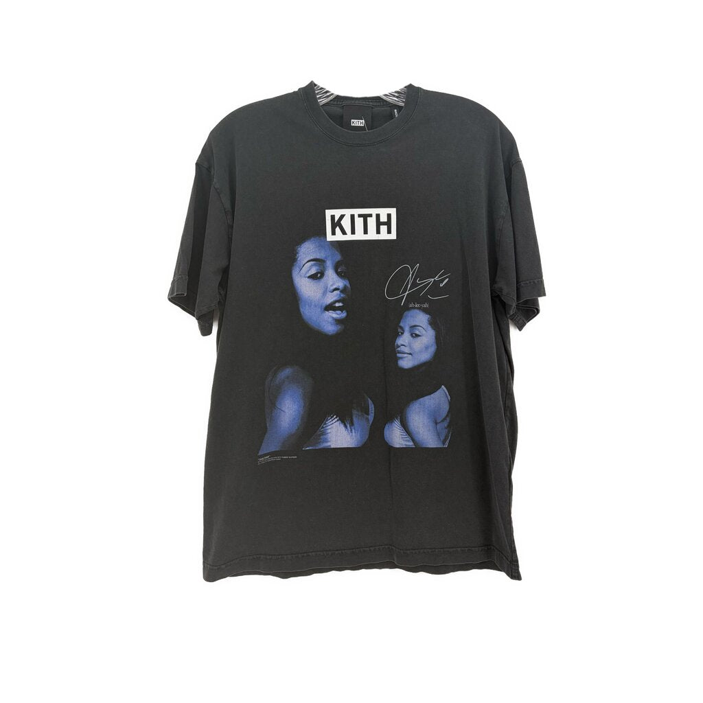Black graphic T-shirt with KITH logo and face print, crew neck short sleeves