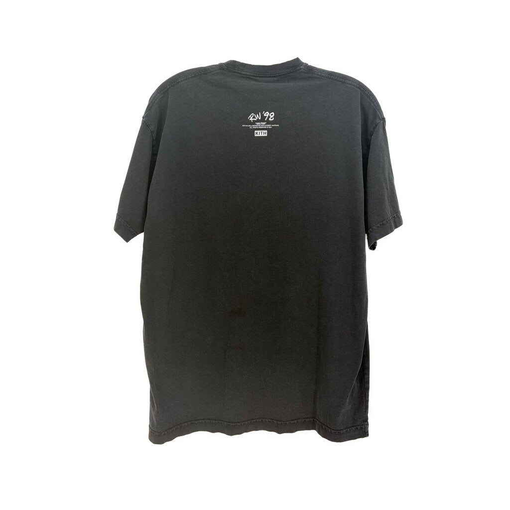 Black graphic T-shirt with small back logo near collar