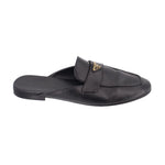 Black leather slide loafer, side view, with PRADA gold logo buckle strap
