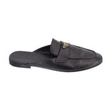 Black leather slide loafer, side view, with PRADA gold logo buckle strap