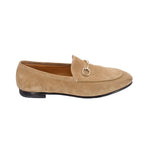 Tan suede horsebit loafers, slip-on profile with metal ring bit ornament