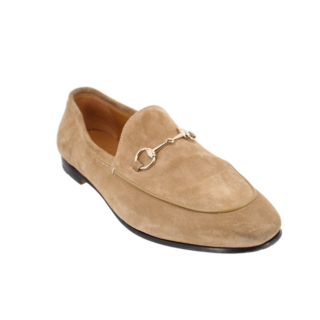 Tan suede horsebit loafers, slip-on with silver-tone metal bit detail