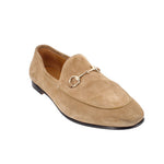 Tan suede horsebit loafers, slip-on with silver-tone metal bit detail