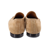Tan suede horsebit loafers, back view with low stacked heel