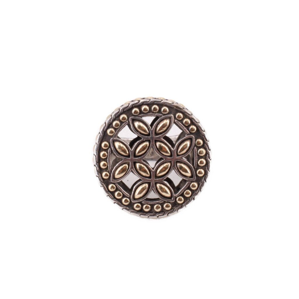 Sterling silver ring with circular coin medallion, gold-tone border dots and floral inlays