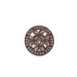 Sterling silver ring with circular coin medallion, gold-tone border dots and floral inlays