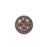 Sterling silver ring with circular coin medallion, gold-tone border dots and floral inlays