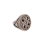 Sterling silver ring with round coin medallion, gold-tone accents, dark enamel floral pattern