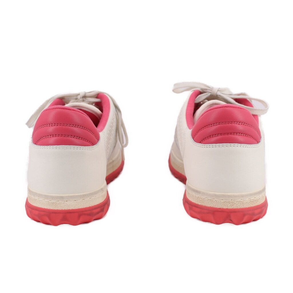 GUCCI women's white sneakers with pink heel lining and red sole, rear view pair