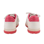 GUCCI women's white sneakers with pink heel lining and red sole, rear view pair